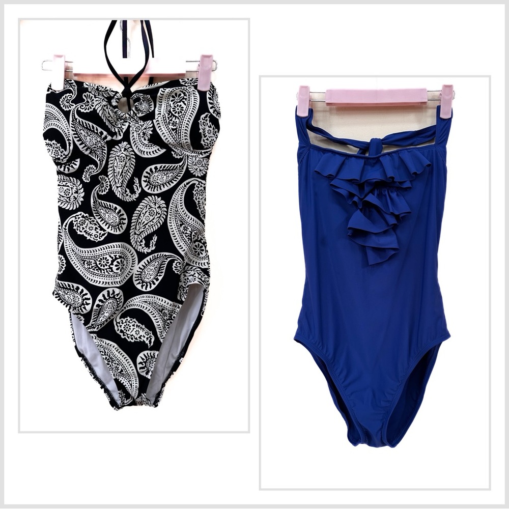 2 Talbots one piece bathing suits, royal blue, and black and white
